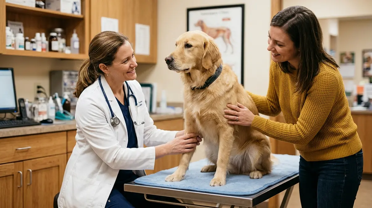Golden Retriever at a vet clinic during examination, when to see a vet for dog digestive issues