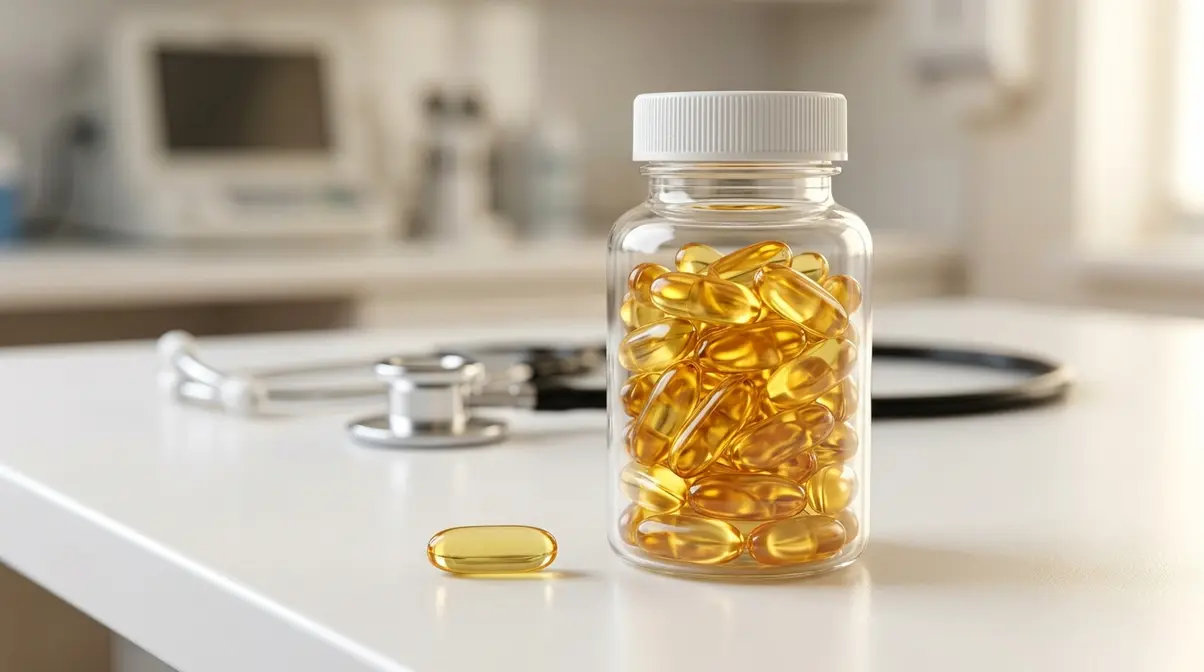 Omega-3 softgel capsule bottle with single golden capsule on veterinary clinic counter with stethoscope background