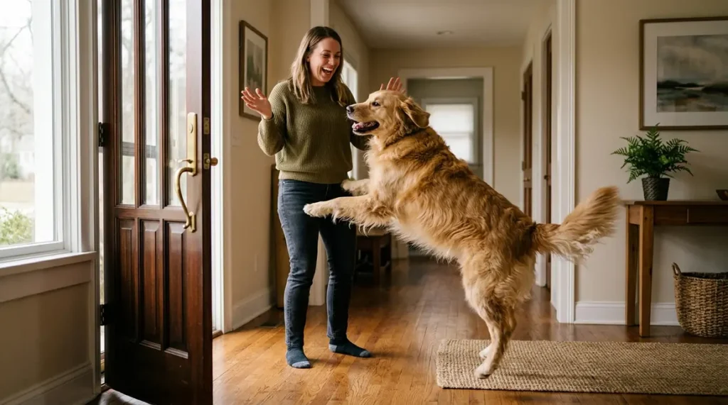 Golden retriever jumping up on a woman at the front door greeting