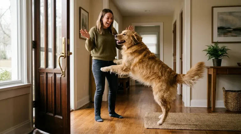 Golden retriever jumping up on a woman at the front door greeting