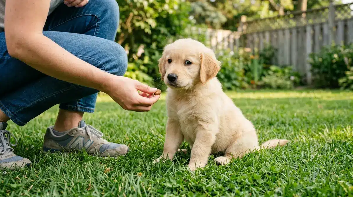 Young puppy outdoors on grass during early potty schedule training with owner offering treat