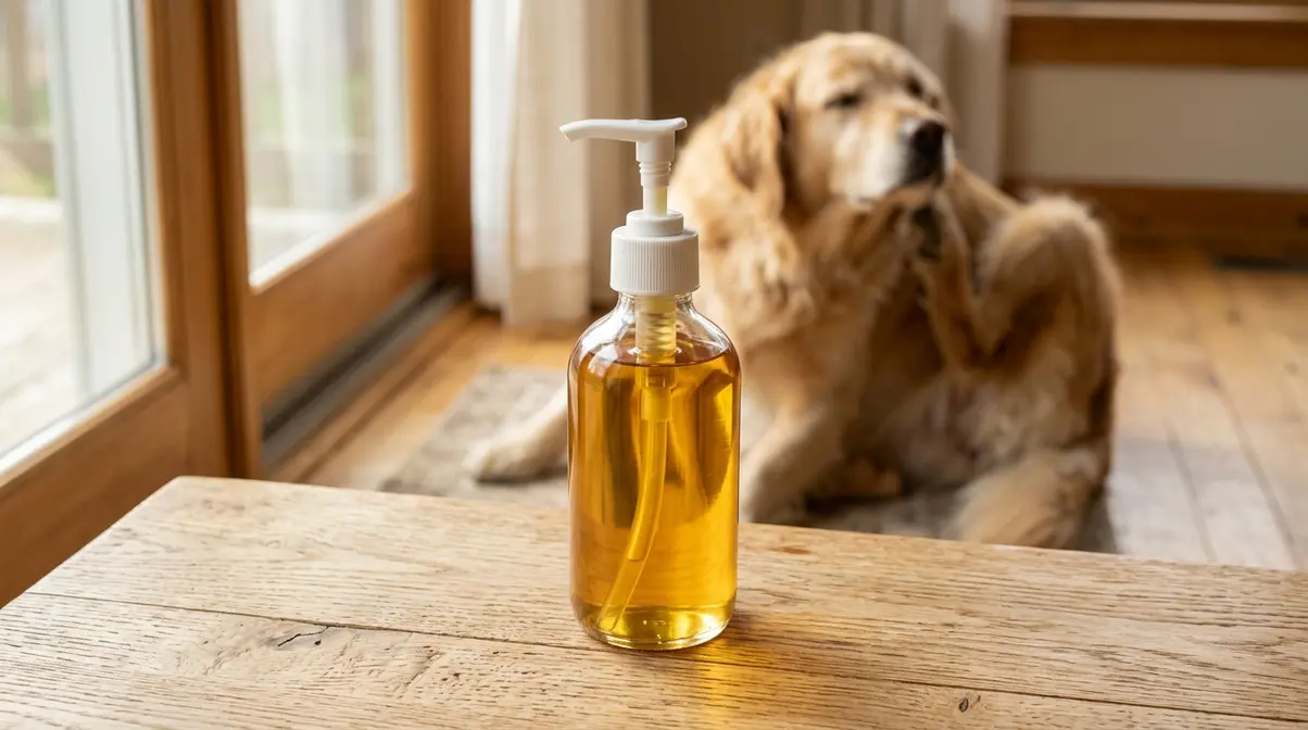 Salmon oil pump dispenser bottle on wooden surface with Golden Retriever scratching in soft background
