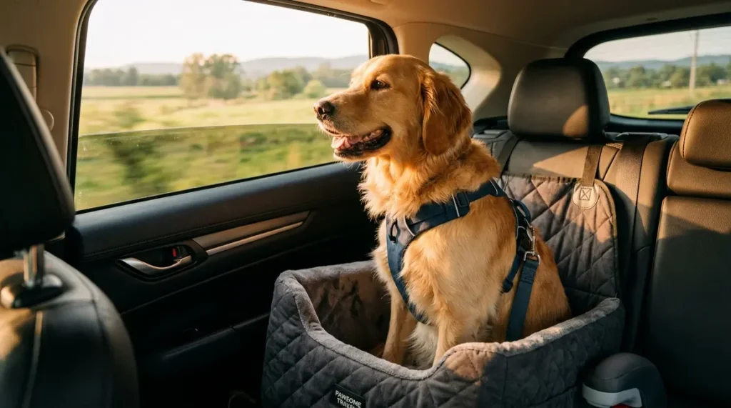 Golden Retriever sitting in a booster dog car seat in a sunny SUV back seat