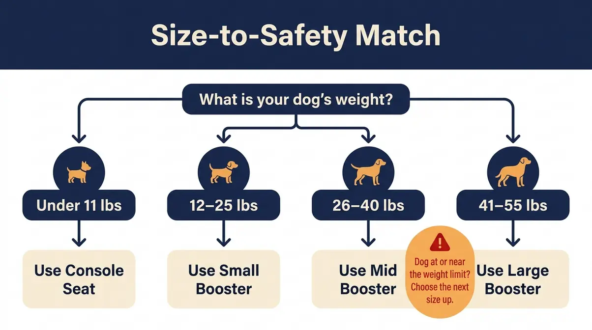 Flowchart showing dog weight ranges to match best dog car seat size for safety