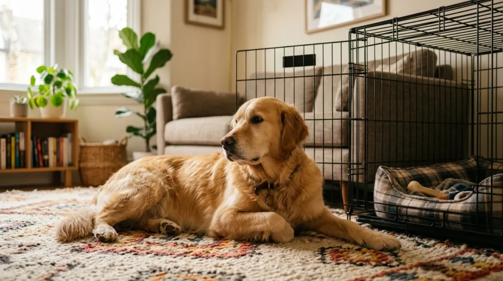 Adult rescue Golden Retriever resting calmly beside its crate in a new home during the first weeks