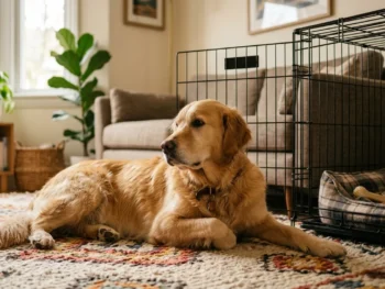 Adult rescue Golden Retriever resting calmly beside its crate in a new home during the first weeks