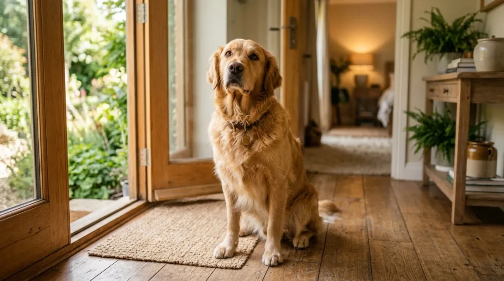 Adult Golden Retriever sitting hopefully by a sunlit doorway, evoking a second chance through adoption
