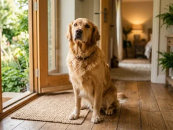 Adult Golden Retriever sitting hopefully by a sunlit doorway, evoking a second chance through adoption