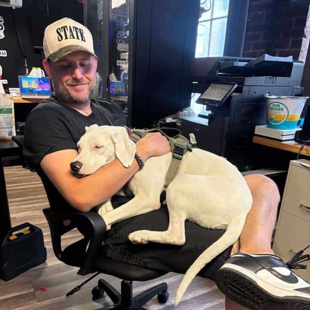 Kenny, formerly Josh, in his forever home after rescue with BARK from Texas
