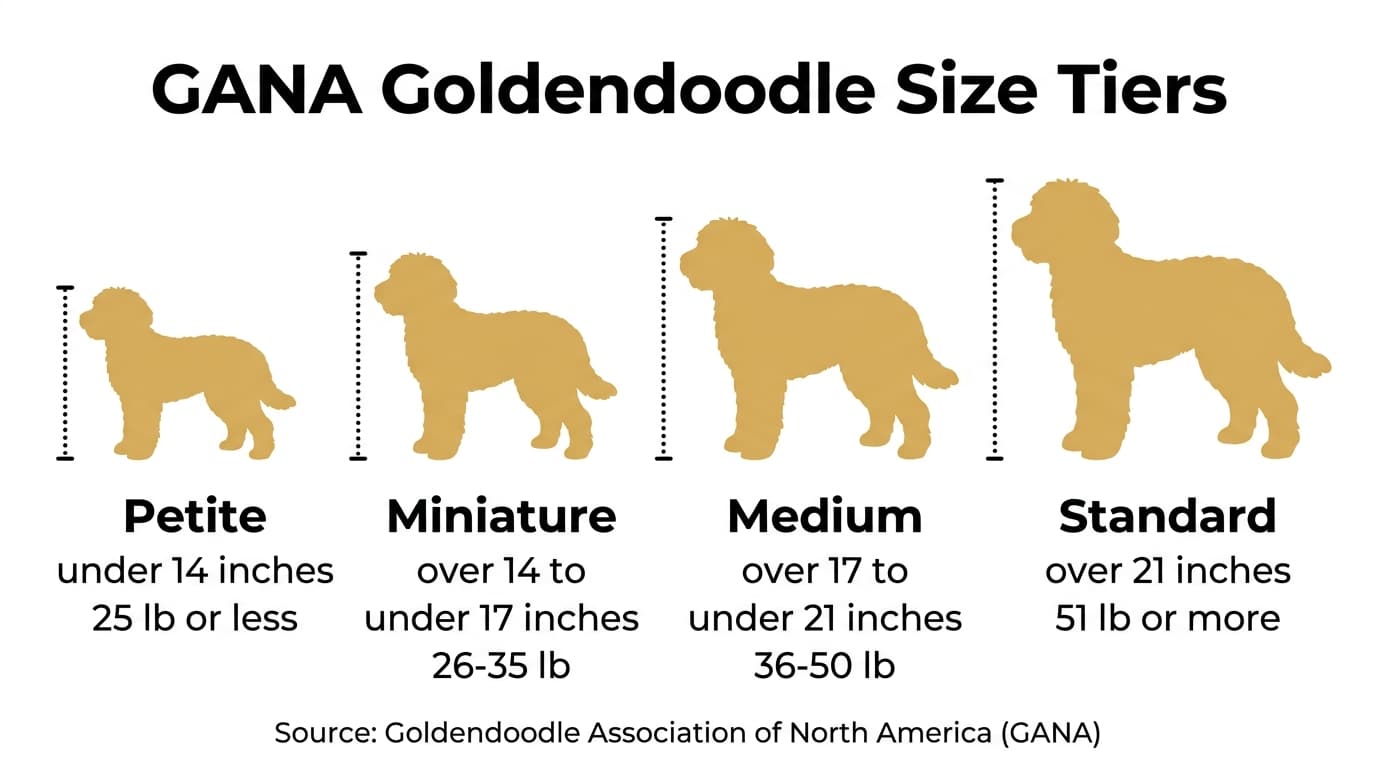 GANA Goldendoodle size tiers: Petite under 14 inches, Miniature over 14 to under 17 inches, Medium over 17 to under 21 inches, Standard over 21 inches