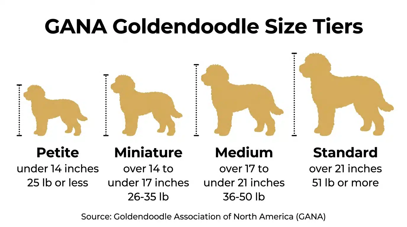 GANA Goldendoodle size tiers: Petite under 14 inches, Miniature over 14 to under 17 inches, Medium over 17 to under 21 inches, Standard over 21 inches