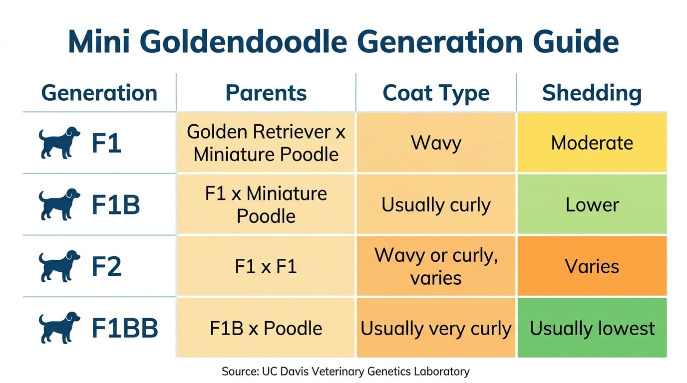 Mini goldendoodle generation guide: F1 wavy/moderate, F1B curly/lower, F2 varies, F1BB very curly/lowest shedding