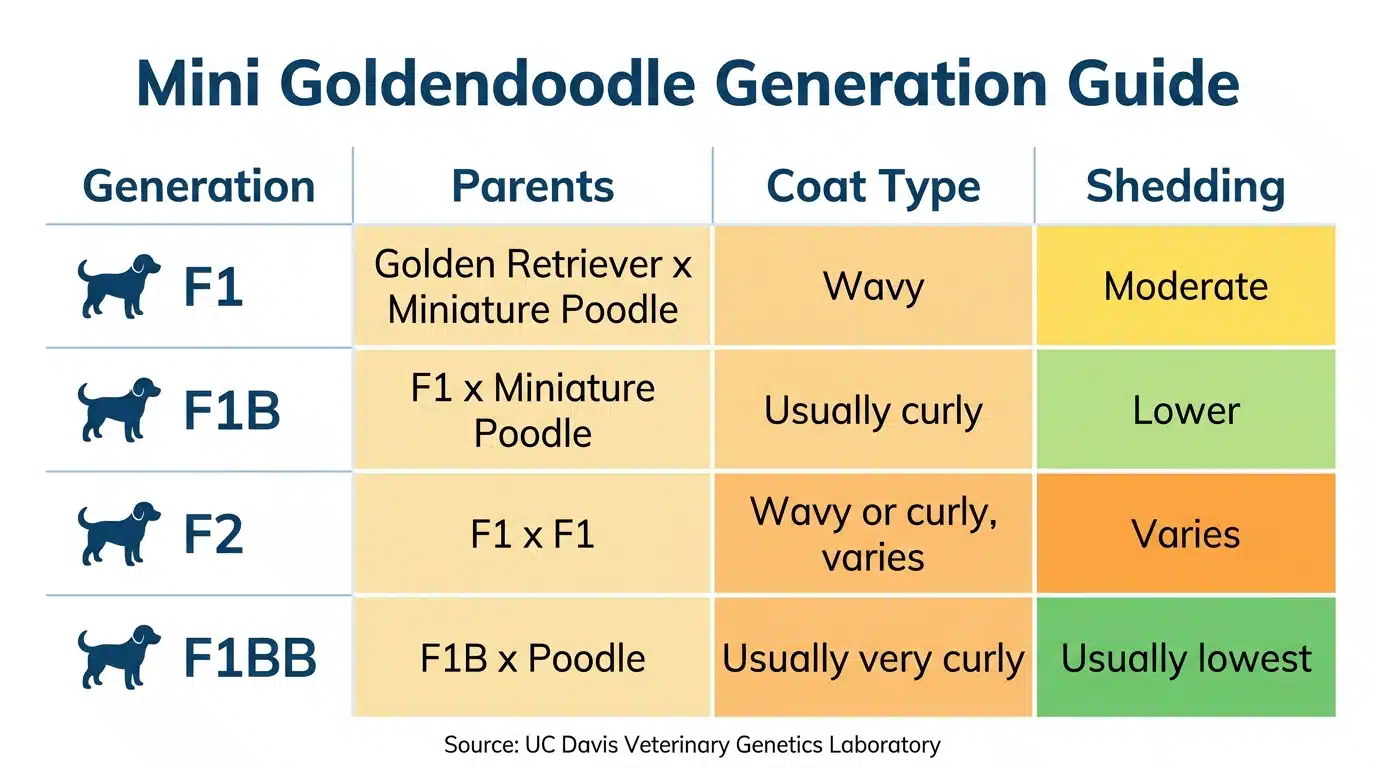 Mini goldendoodle generation guide: F1 wavy/moderate, F1B curly/lower, F2 varies, F1BB very curly/lowest shedding