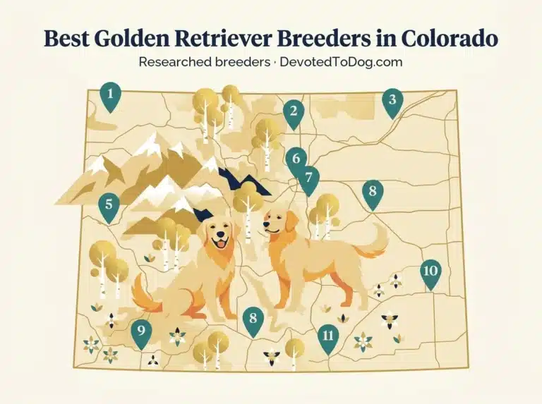 Editorial flat-vector map of Colorado with two golden retrievers, 11 numbered teal location pins, Rocky Mountain peaks, gold-leaf aspens, and columbine wildflowers. Title: Best Golden Retriever Breeders in Colorado. 11 researched breeders, DevotedToDog.com.