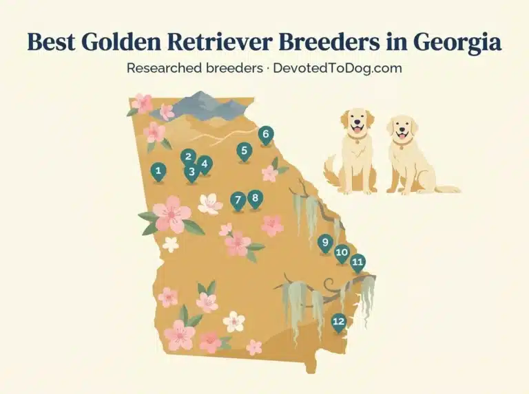 Editorial flat-vector map of Georgia with two golden retrievers, 12 numbered teal location pins across Atlanta metro, Northeast Georgia, central, west, and the coastal southeast; pink peach blossoms, Blue Ridge mountain silhouettes north, and Spanish moss draping in the coastal southeast. Title: Best Golden Retriever Breeders in Georgia. 12 researched breeders, DevotedToDog.com.