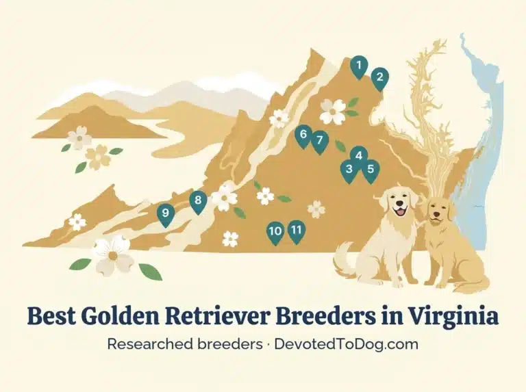 Editorial flat-vector map of Virginia with two golden retrievers, 11 numbered teal location pins from Northern Virginia through Richmond, Charlottesville, and the Blue Ridge to southern Virginia; Blue Ridge mountain silhouettes, Shenandoah valley, Chesapeake Bay outline, and dogwood blossoms. Title: Best Golden Retriever Breeders in Virginia. 11 researched breeders, DevotedToDog.com.