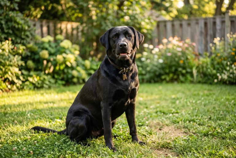 A healthy adult black Labrador Retriever sitting on a sunlit lawn
