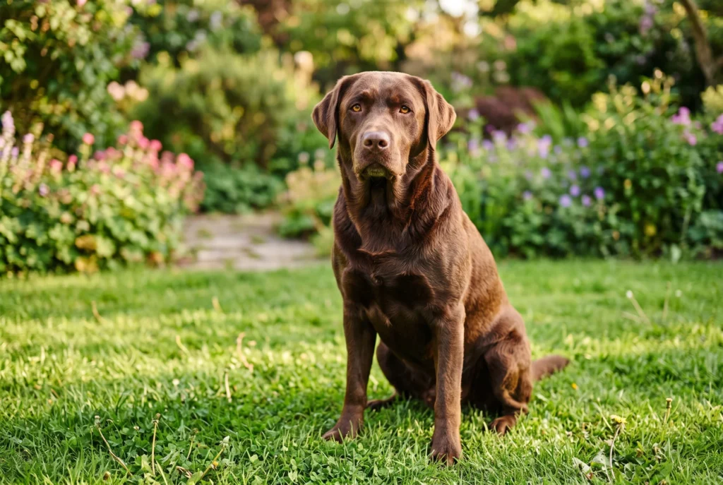 A healthy adult chocolate Labrador Retriever sitting on a green lawn