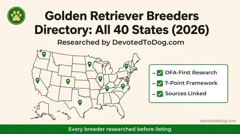Golden Retriever Breeders Directory covering all 40 states researched using OFA-first 12-criterion framework by DevotedToDog.com