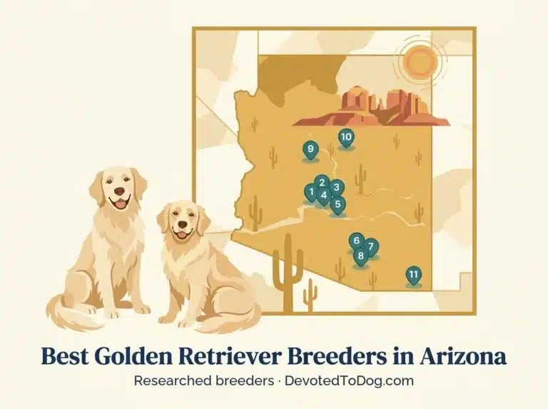 Editorial flat-vector map of Arizona with two golden retrievers, 11 numbered teal location pins concentrated in Phoenix metro plus Tucson, Sedona red rocks, and southeast Arizona; saguaro cactus silhouettes and a stylized desert sun. Title: Best Golden Retriever Breeders in Arizona. 11 researched breeders, DevotedToDog.com.