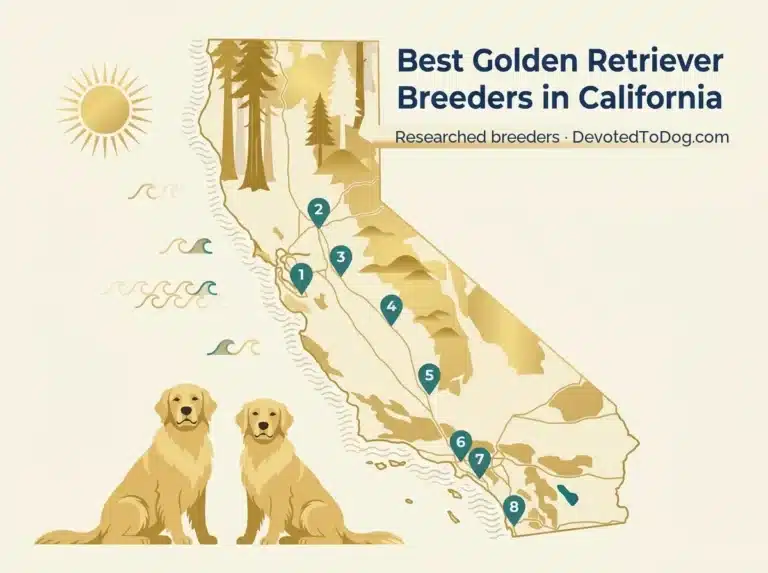 Editorial flat-vector map of California with eight numbered teal pins marking researched golden retriever breeders, two adult golden retrievers, redwoods, golden hills, and Pacific coast accents.