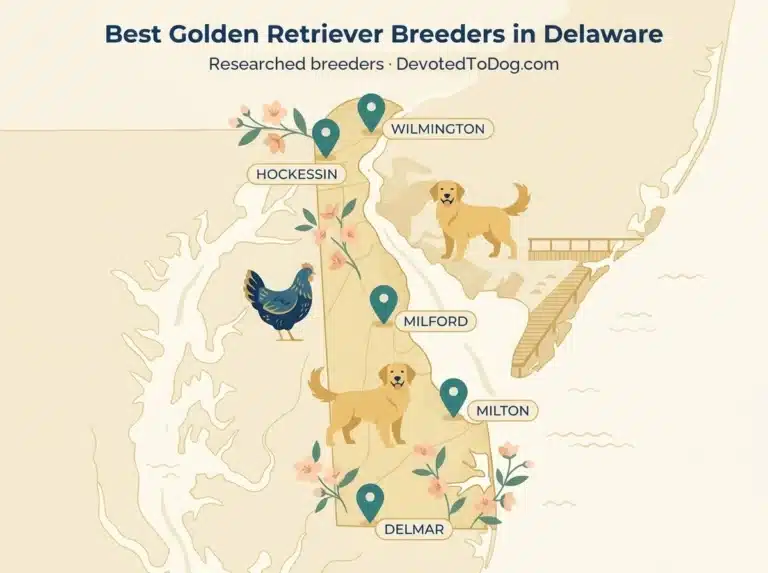 Illustrated map of Delaware marking Golden Retriever breeder towns: Wilmington, Hockessin, Milford, Milton and Delmar