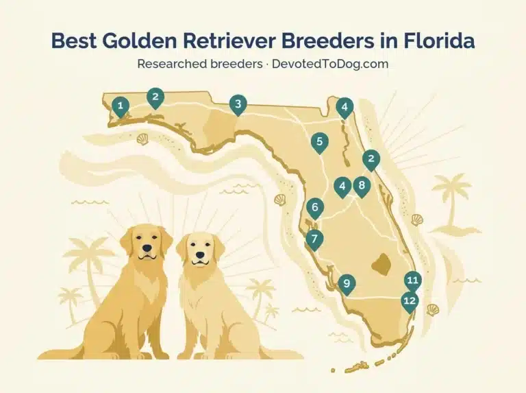Editorial flat-vector map of Florida with twelve numbered teal pins marking researched golden retriever breeders, two adult golden retrievers, palm trees, and coastal sun motifs.