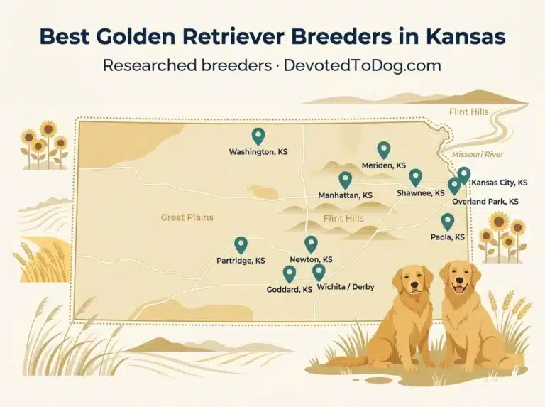 Map of Kansas showing the locations of ten recommended golden retriever breeders, with sunflowers, wheat fields, and Flint Hills illustrating the state's regions.