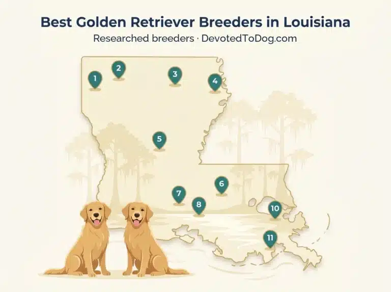 Map of Louisiana showing 11 researched golden retriever breeders, with a badges for OFA health testing, GRCA membership, and AKC Breeder of Merit credentials.