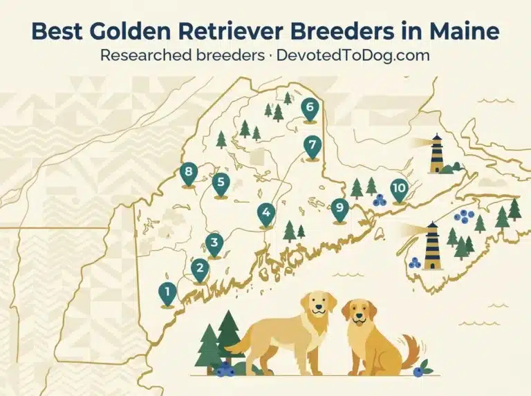 Editorial flat-vector map of Maine with ten numbered teal pins marking researched golden retriever breeders, two golden retrievers, Atlantic coast lighthouses, pines, and blueberries.