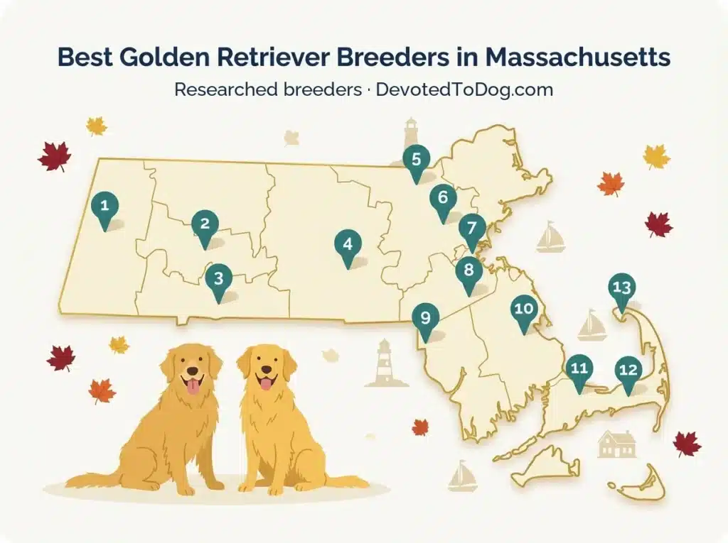 Map of Massachusetts showing 13 researched golden retriever breeders, with a badges for OFA health testing, GRCA membership, and AKC Breeder of Merit credentials.