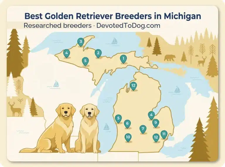 Map of Michigan showing 12 researched golden retriever breeders.