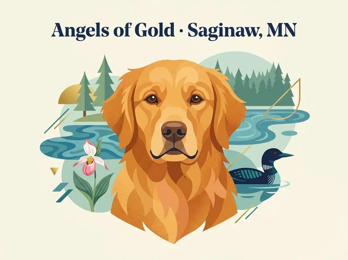 Angels of Gold editorial illustration, Saginaw, Minnesota, with a golden retriever portrait, lake, loon and lady's slipper