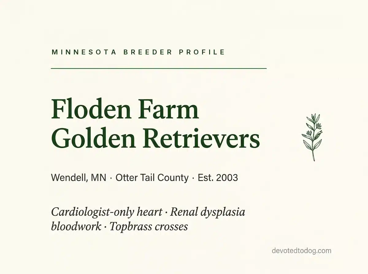 Floden Farm Golden Retrievers editorial profile card, Wendell, Minnesota, with a botanical sprig
