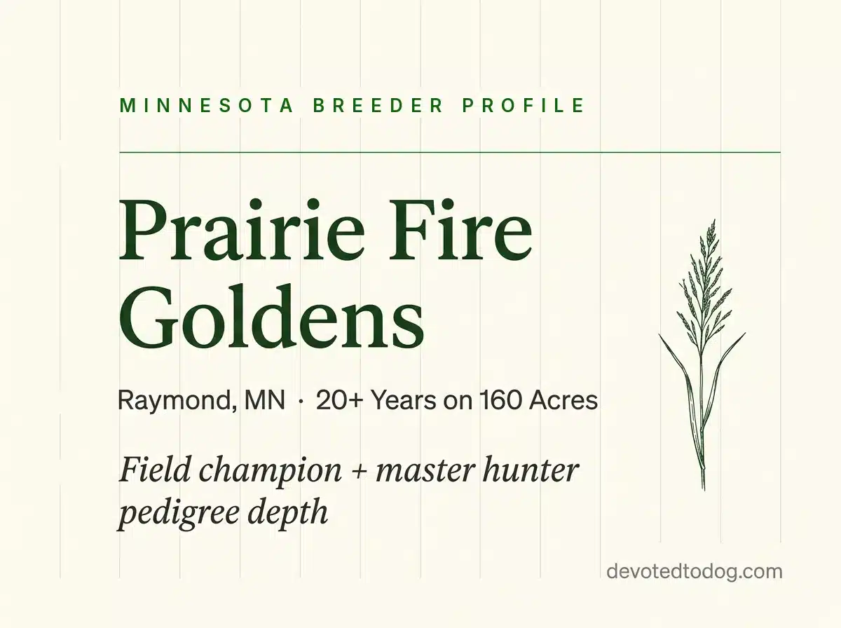 Prairie Fire Goldens editorial profile card, Raymond, Minnesota, with a prairie grass sketch