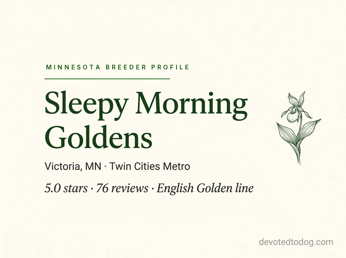 Sleepy Morning Goldens editorial profile card, Victoria, Minnesota, with a lady's slipper sketch