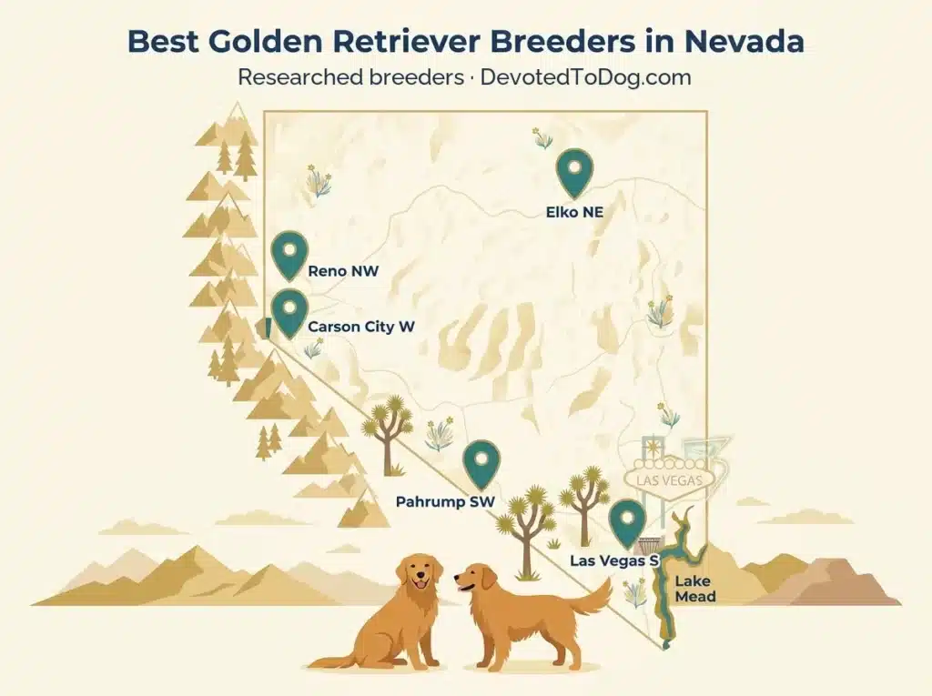 Illustrated map of Nevada marking Golden Retriever breeder towns: Reno, Carson City, Elko, Pahrump and Las Vegas