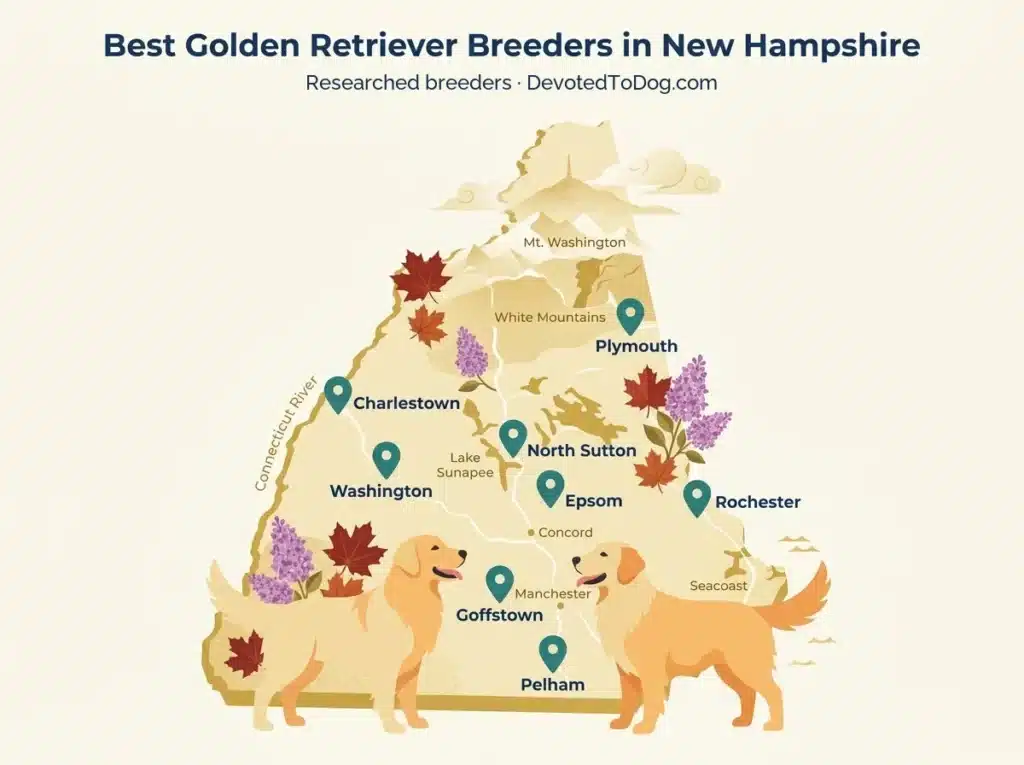 Editorial flat-vector map of New Hampshire showing eight researched golden retriever breeder pin locations from the Seacoast to the White Mountains, with a badges for OFA health testing, GRCA membership, and written contract.
