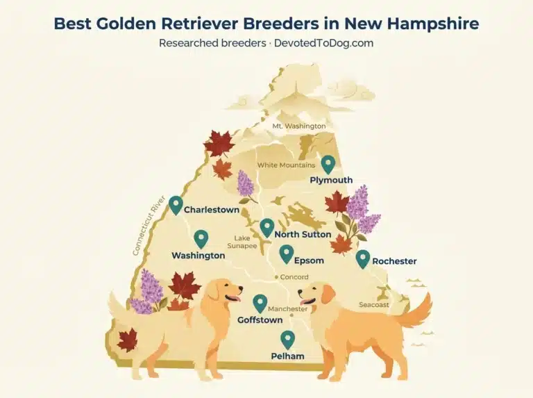 Editorial flat-vector map of New Hampshire showing eight researched golden retriever breeder pin locations from the Seacoast to the White Mountains, with a badges for OFA health testing, GRCA membership, and written contract.