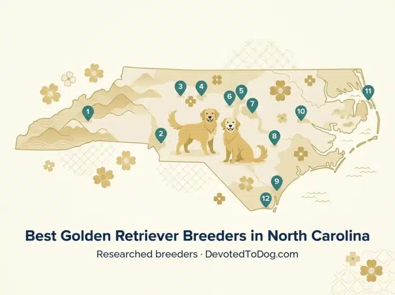 Editorial flat-vector map of North Carolina with twelve numbered teal pins marking researched golden retriever breeders, two golden retrievers, Blue Ridge mountains, Outer Banks coast, and dogwood blossoms.