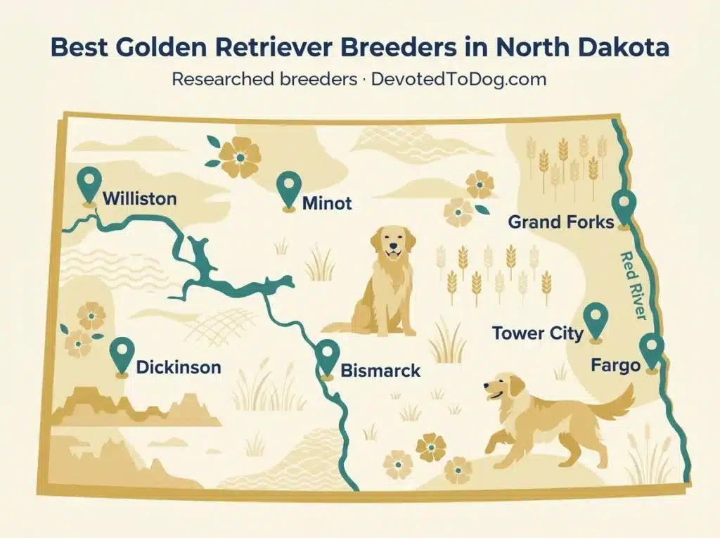 Illustrated map of North Dakota marking Golden Retriever breeder towns: Williston, Minot, Grand Forks, Dickinson, Bismarck, Tower City and Fargo