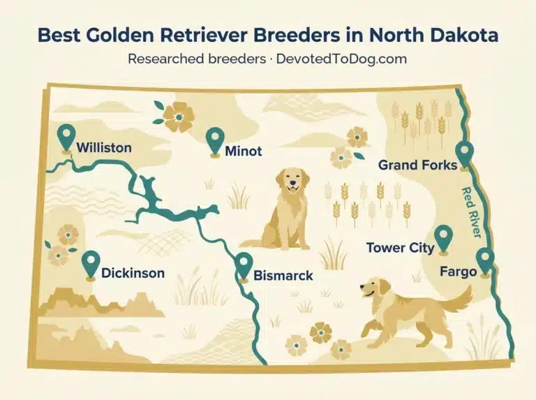 Illustrated map of North Dakota marking Golden Retriever breeder towns: Williston, Minot, Grand Forks, Dickinson, Bismarck, Tower City and Fargo