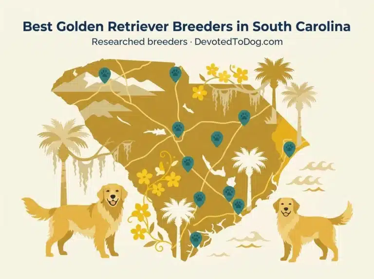 Editorial flat-vector map of South Carolina with twelve teal location pins marking researched golden retriever breeders, two stylized golden retrievers, palmetto trees, Spanish moss, Yellow Jessamine, and Blue Ridge mountain silhouettes in the northwest.