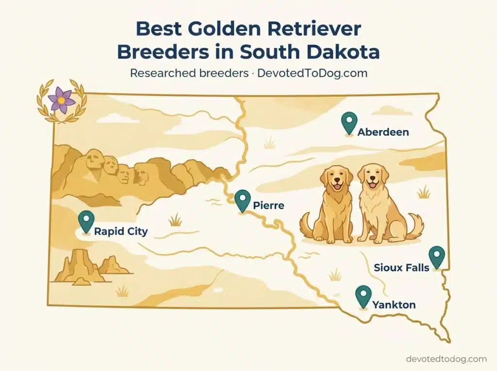 Illustrated map of South Dakota marking Golden Retriever breeder towns: Aberdeen, Pierre, Rapid City, Sioux Falls and Yankton
