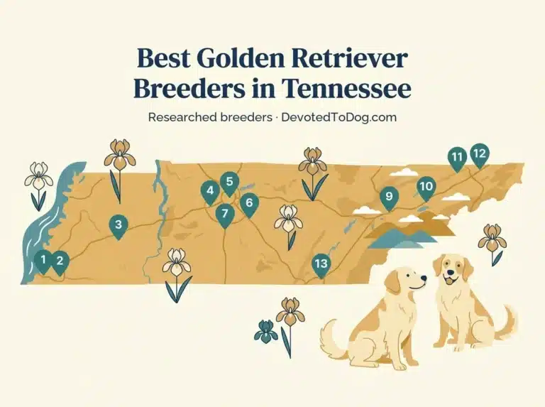 Editorial flat-vector map of Tennessee with two golden retrievers, 13 numbered teal location pins from Memphis west through Nashville, Knoxville, the Tri-Cities, and Chattanooga; Smoky Mountain silhouettes east, Mississippi River edge west, and irises (state flower). Title: Best Golden Retriever Breeders in Tennessee. 13 researched breeders, DevotedToDog.com.
