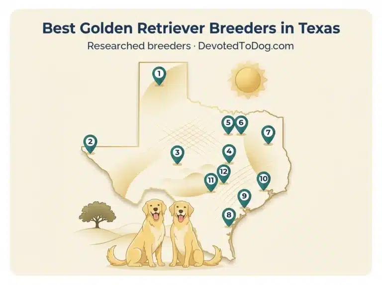 Map of Texas showing 12 researched golden retriever breeders, with a badges for OFA health testing, GRCA membership, and AKC Breeder of Merit credentials.