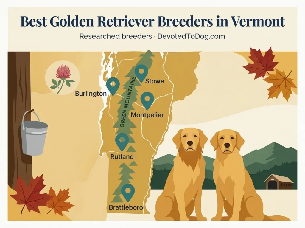 Illustrated map of Vermont marking Golden Retriever breeder towns: Burlington, Stowe, Montpelier, Rutland and Brattleboro