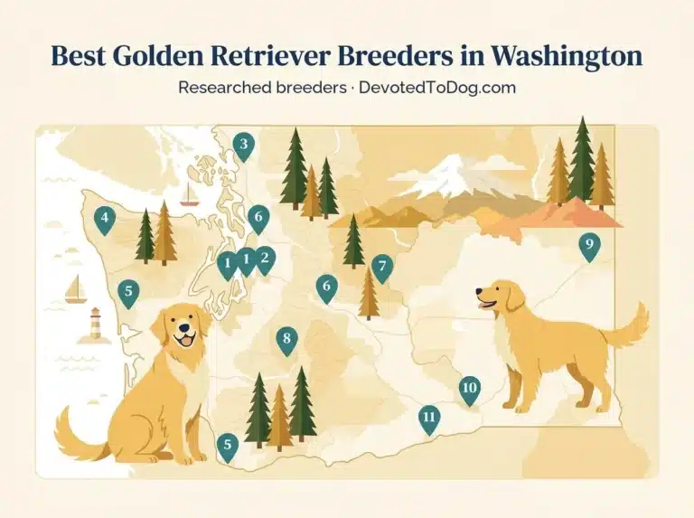 Editorial flat-vector map of Washington with two golden retrievers, 11 numbered teal location pins, Mt Rainier and Cascades, Douglas firs, and Olympic Peninsula coastline. Title: Best Golden Retriever Breeders in Washington. 11 researched breeders, DevotedToDog.com.