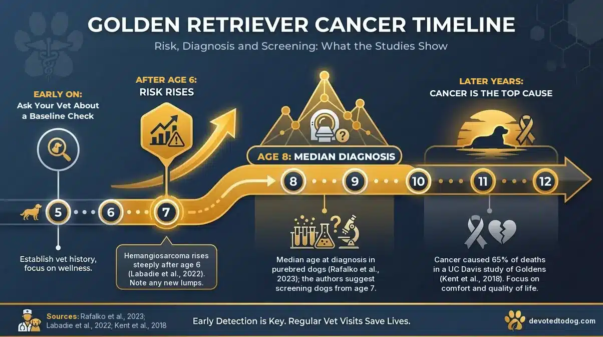 Golden Retriever cancer timeline: hemangiosarcoma rises steeply after age 6, the median age at cancer diagnosis in purebred dogs was 8.0 years (Rafalko et al., 2023), and cancer caused 65% of deaths in a UC Davis study (Kent et al., 2018)