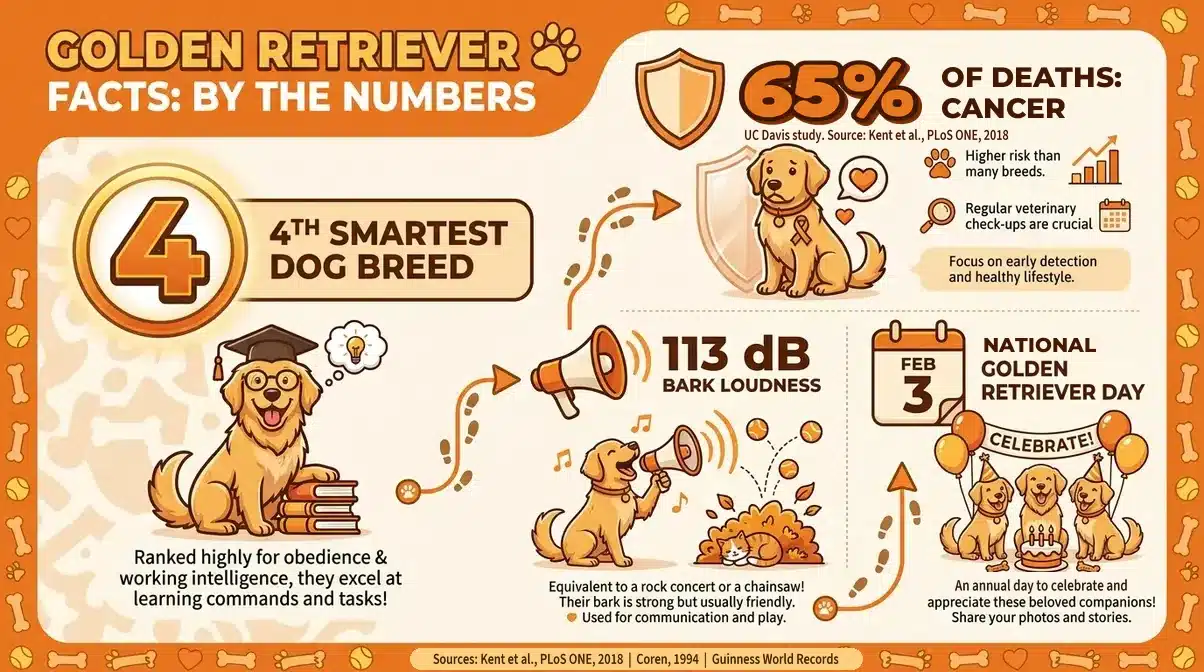 Infographic of Golden Retriever facts by the numbers: 4th smartest breed, cancer behind 65% of deaths in a UC Davis study, a 113 dB record bark, and National Golden Retriever Day on February 3